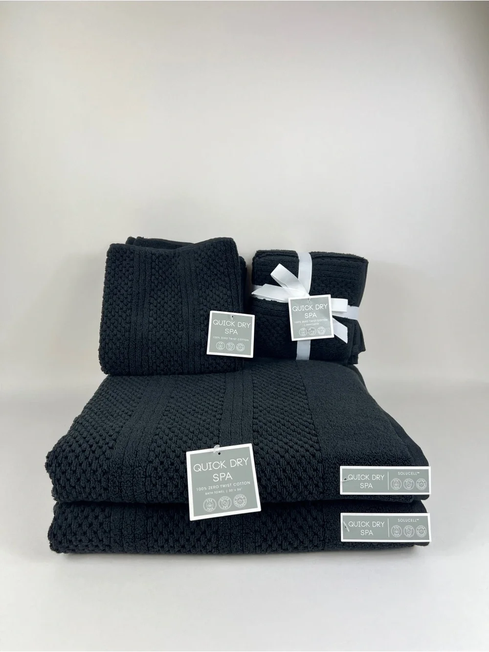 Quick Dry Spa Bath Towel Set  Black Waffle Textured Soft Plush Cotton 10 Pc NEW